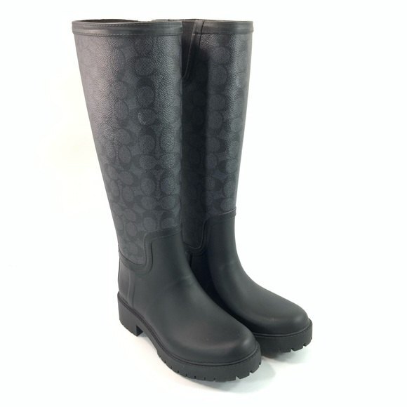 New Coach Monogrammed Tall Pull-on Rain Boots Black Gray 5 - Picture 11 of 11